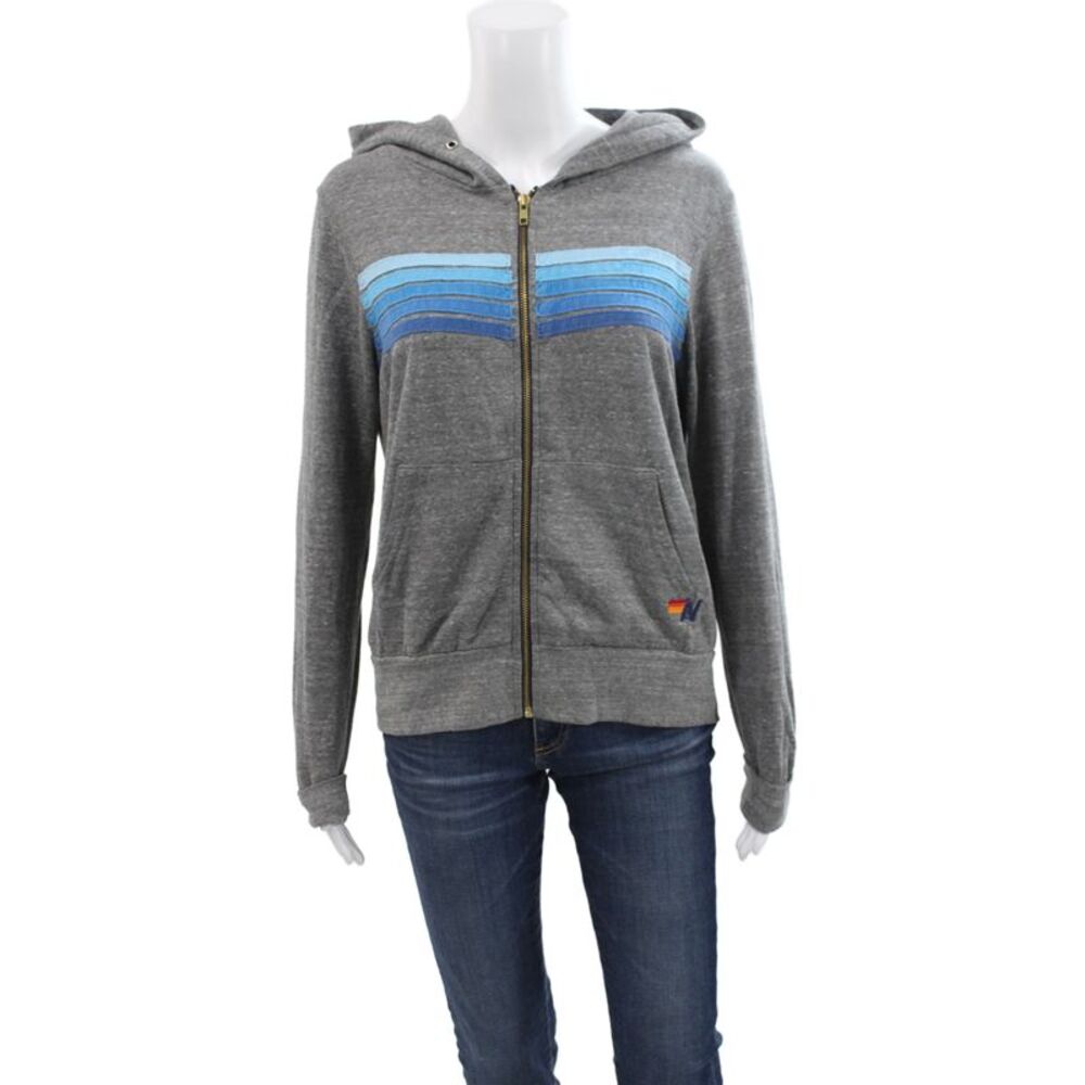 Aviator Nation Women Full-zip Hoodies Gray Striped Cotton Polyester Size XS